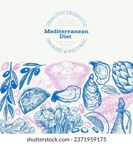 Plantilla De Diseño De Cocina Mediterránea. Cartel de comida saludable dibujado por la mano del vector. Ilustración del menú Estilo de época.