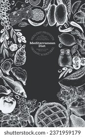 Mediterranean Cuisine Design Template. Vector Hand Drawn Healthy Food Banner. Vintage Style Menu Chalk Board Illustration.