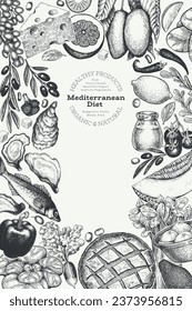 Plantilla De Diseño De Cocina Mediterránea. Cartel de comida saludable dibujado por la mano del vector. Ilustración del menú Estilo de época.