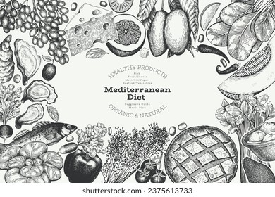 Mediterranean Cuisine Design Template. Vector Hand Drawn Healthy Food Banner. Vintage Style Menu Illustration.