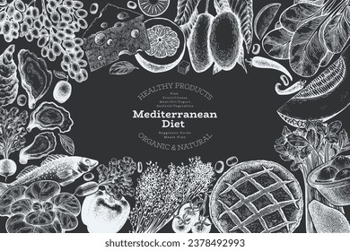 Mediterranean Cuisine Design Template. Vector Hand Drawn Healthy Food Banner. Vintage Style Menu Chalk Board Illustration.