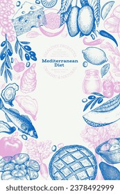 Mediterranean Cuisine Design Template. Vector Hand Drawn Healthy Food Banner. Vintage Style Menu Illustration.