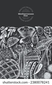 Mediterranean Cuisine Design Template. Vector Hand Drawn Healthy Food Banner. Vintage Style Menu Chalk Board Illustration.
