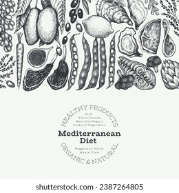 Mediterranean Cuisine Design Template. Vector Hand Drawn Healthy Food Banner. Vintage Style Menu Illustration.