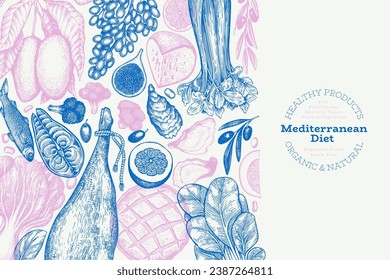 Mediterranean Cuisine Design Template. Vector Hand Drawn Healthy Food Banner. Vintage Style Menu Illustration.