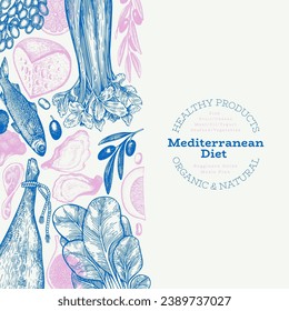 Mediterranean Cuisine Design Template. Vector Hand Drawn Healthy Food Banner. Vintage Style Menu Illustration.