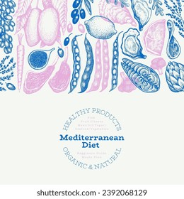 Mediterranean Cuisine Design Template. Vector Hand Drawn Healthy Food Banner. Vintage Style Menu Illustration.
