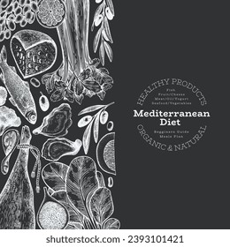 Mediterranean Cuisine Design Template. Vector Hand Drawn Healthy Food Banner. Vintage Style Menu Chalk Board Illustration.