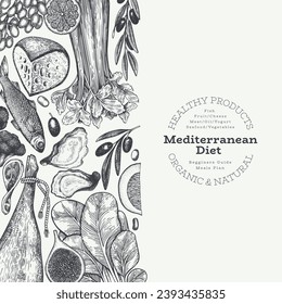 Mediterranean Cuisine Design Template. Vector Hand Drawn Healthy Food Banner. Vintage Style Menu Illustration.