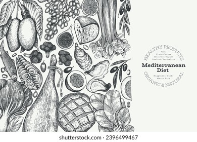 Mediterranean Cuisine Design Template. Vector Hand Drawn Healthy Food Banner. Vintage Style Menu Illustration.