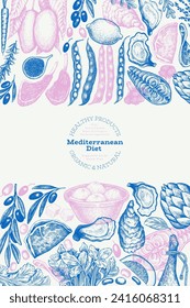 Mediterranean Cuisine Design Template. Vector Hand Drawn Healthy Food Banner. Vintage Style Menu Illustration.