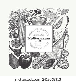 Mediterranean Cuisine Design Template. Vector Hand Drawn Healthy Food Banner. Vintage Style Menu Illustration.