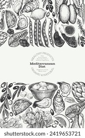 Mediterranean Cuisine Design Template. Vector Hand Drawn Healthy Food Banner. Vintage Style Menu Illustration.