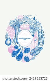 Mediterranean Cuisine Design Template. Vector Hand Drawn Healthy Food Banner. Vintage Style Menu Illustration.