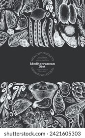 Mediterranean Cuisine Design Template. Vector Hand Drawn Healthy Food Banner. Vintage Style Menu Chalk Board Illustration.