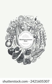 Mediterranean Cuisine Design Template. Vector Hand Drawn Healthy Food Banner. Vintage Style Menu Illustration.