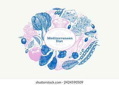 Mediterranean Cuisine Design Template. Vector Hand Drawn Healthy Food Banner. Vintage Style Menu Illustration.