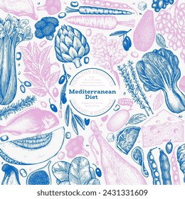 Plantilla de diseño de cocina mediterránea. Banner de comida sana dibujado a mano del vector. Ilustración de menú de estilo vintage.