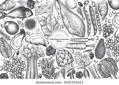 Mediterranean Cuisine Design Template. Vector Hand Drawn Healthy Food Banner. Vintage Style Menu Illustration.