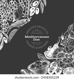 Mediterranean Cuisine Design Template. Vector Hand Drawn Healthy Food Banner. Vintage Style Menu Chalk Board Illustration.