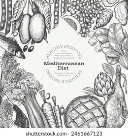 Mediterranean Cuisine Design Template. Vector Hand Drawn Healthy Food Banner. Vintage Style Menu Illustration.