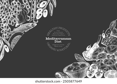 Mediterranean Cuisine Design Template. Vector Hand Drawn Healthy Food Banner. Vintage Style Menu Chalk Board Illustration.