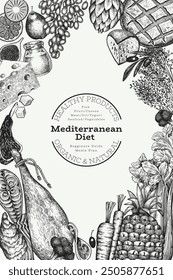 Plantilla de Diseño de Cocina Mediterránea. Vector Dibujado A Mano Anuncio De Alimentos Saludables. Ilustración de menú de estilo de Antiguas.