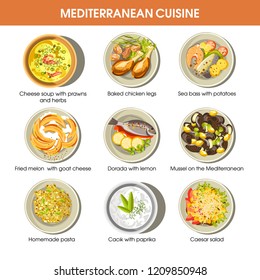 Mediterranean cuisine dishes vector icons set for restaurant menu