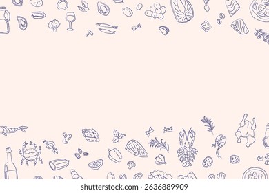 Mediterranean cuisine elements border with seafood, vegetables, and wine for culinary design.