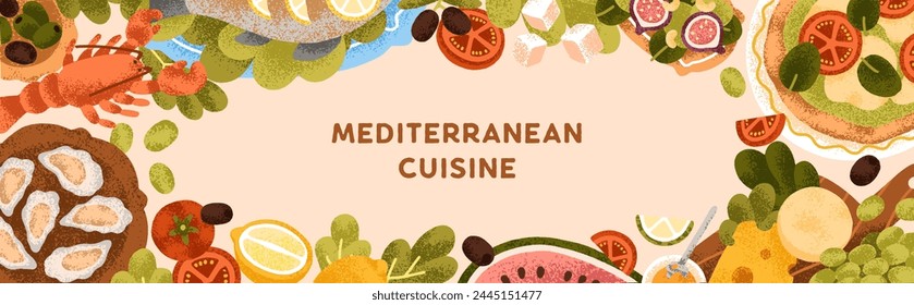 Mediterranean cuisine, food banner. Seafood, vegetable dishes, pizza, long framed culinary background design. Fresh, healthy eating, oyster, fish, cheese and fruits. Flat vector illustration