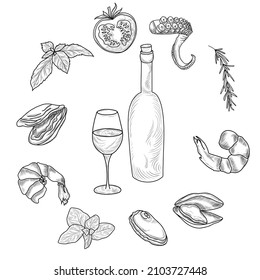 Mediterranean cuisine hand drawn illustrations of food, wine, glass, bottle, octopus, rosemary, mussels, mint, tomato, shrimp, oyster, mussel  