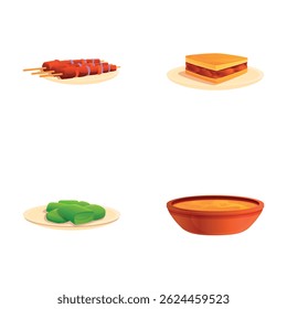 Mediterranean cuisine icons set cartoon vector. Greek cuisine traditional dish. Food concept