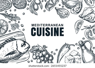 Cozinha mediterrânea e quadro de ingredientes. Ilustração de esboço desenhado à mão do vetor. Restaurante, menu café, livros de receitas, embalagem de alimentos, rótulos de produtos orgânicos design elementos sobre fundo branco