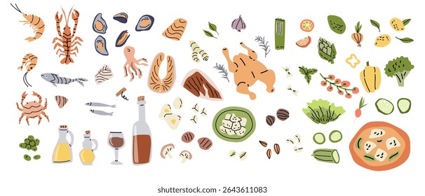 Mediterranean cuisine ingredients and seafood variety for culinary inspiration.