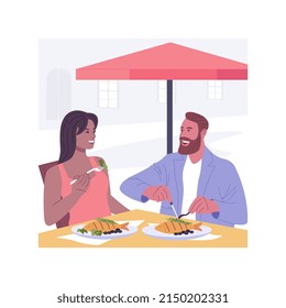 La cocina mediterránea aisló ilustraciones de vectores de dibujos animados. Una pareja feliz comiendo juntos en un restaurante griego, peces y aceitunas en la mesa, cocina mediterránea cena de dibujos animados vectores.