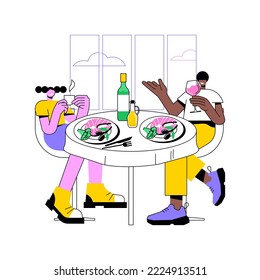 Mediterranean cuisine isolated cartoon vector illustrations. Happy couple eating out in a Greek restaurant together, fish and olives on the table, mediterranean cuisine dinner vector cartoon.