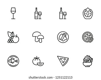 Mediterranean cuisine line icon set. Salad, pizza, tomato. Food concept. Can be used for topics like restaurant, cooking, menu