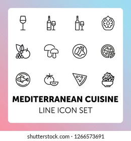 Mediterranean cuisine line icon set. Salad, pizza, tomato. Food concept. Can be used for topics like restaurant, cooking, menu