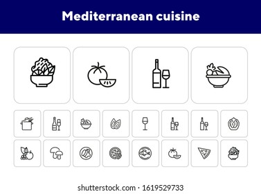 Mediterranean cuisine line icon set. Salad, pizza, tomato. Food concept. Can be used for topics like restaurant, cooking, menu