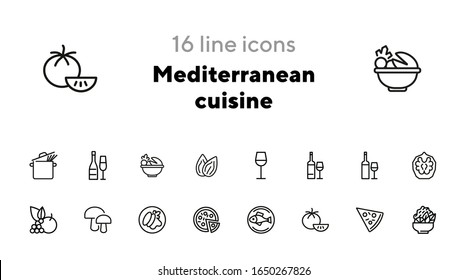 Mediterranean cuisine line icon set. Salad, pizza, tomato. Food concept. Can be used for topics like restaurant, cooking, menu