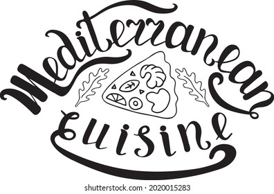 Mediterranean cuisine lineart black with pizza.