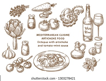 Mediterranean cuisine. Octopus with artichoke and tomato-mint sauce. Sketch Ingredients