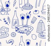 Mediterranean Cuisine Seamless Pattern. Hand Drawn Food Background for Menu design. Vector illustration