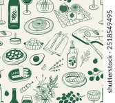 Mediterranean Cuisine Seamless Pattern. Hand Drawn Food Background.