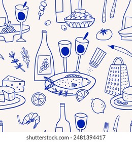 Mediterranean Cuisine Seamless Pattern. Hand Drawn Food Background for Menu design. Vector illustration