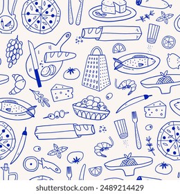 Mediterranean Cuisine Seamless Pattern. Hand Drawn Food Background for Menu design.