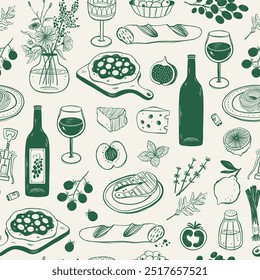 Mediterranean Cuisine Seamless Pattern. Hand Drawn Food Background for Menu design.