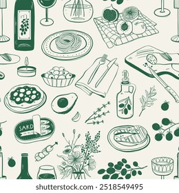 Mediterranean Cuisine Seamless Pattern. Hand Drawn Food Background.