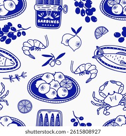 Mediterranean Cuisine Seamless Pattern. Hand Drawn Food Background for Menu design. Vector illustration
