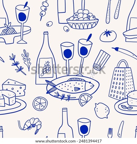 Mediterranean Cuisine Seamless Pattern. Hand Drawn Food Background for Menu design. Vector illustration